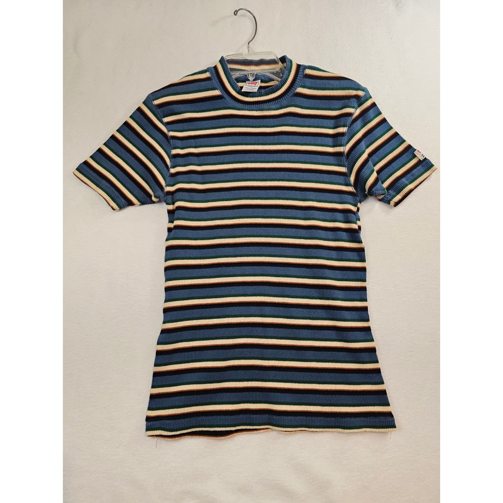 Levis Jeanswear Vintage 90s Striped Ribbed Mock Neck Top Blue Green Large